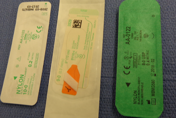 Microsurgical sutures used for digital nerve microsurgical neurorrhaphy.